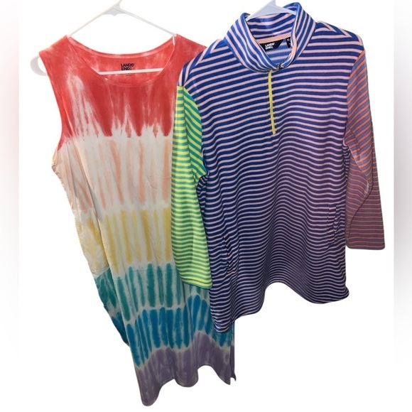 Lands' End Dresses & Skirts - EUC Lands' End Quarter Zip Striped Fleece Dress & Tie Dye Rainbow Maxi Dress XL